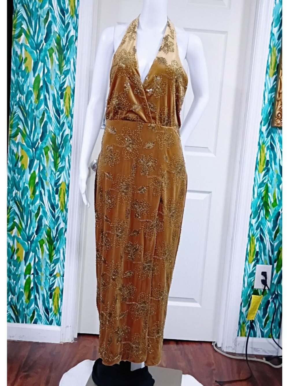 NWT Zara Maxi Dress Women's S Gold All-Over Embellishment Halterback Designers - Picture 3 of 15